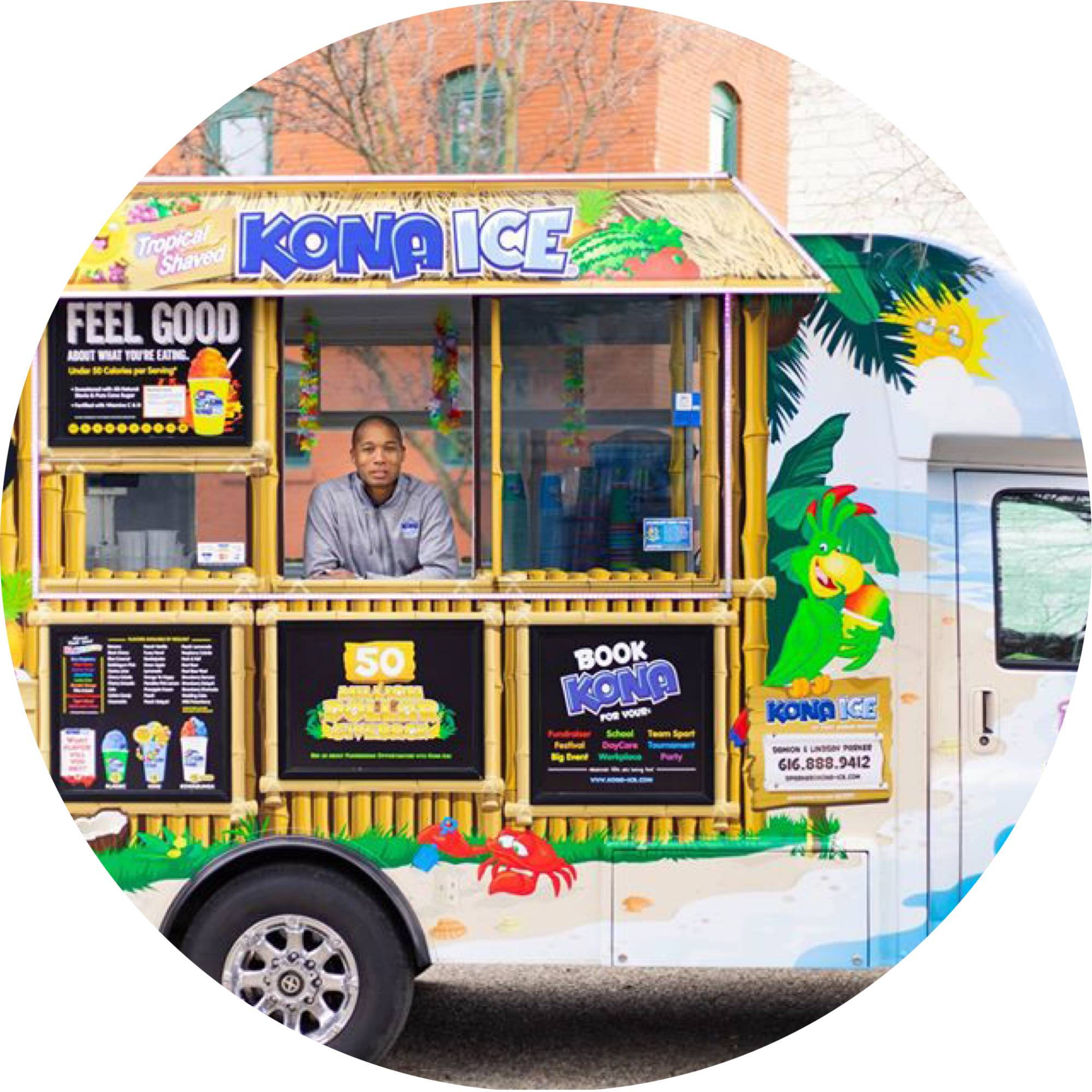 Kona Ice of West Michigan truck, Damion Parker smiling in the window